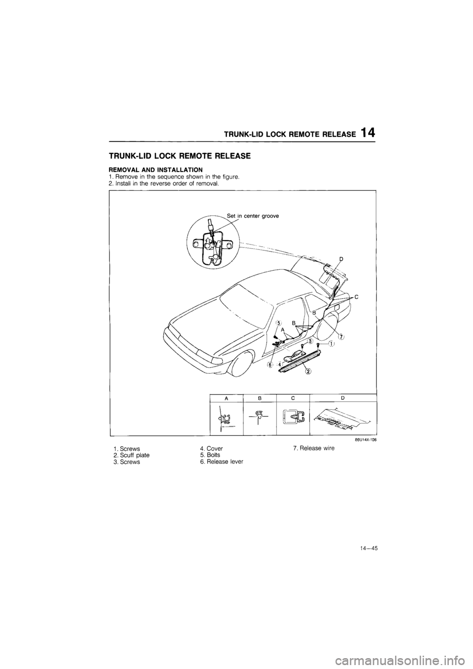 MAZDA 626 1987  Workshop Manual TRUNK-LID
 LOCK REMOTE RELEASE
 1
 4 
TRUNK-LID LOCK REMOTE RELEASE 
REMOVAL AND INSTALLATION 
1. Remove in the sequence shown in the figure. 
2. Install in the reverse order of removal. 
A 8 c D 
1