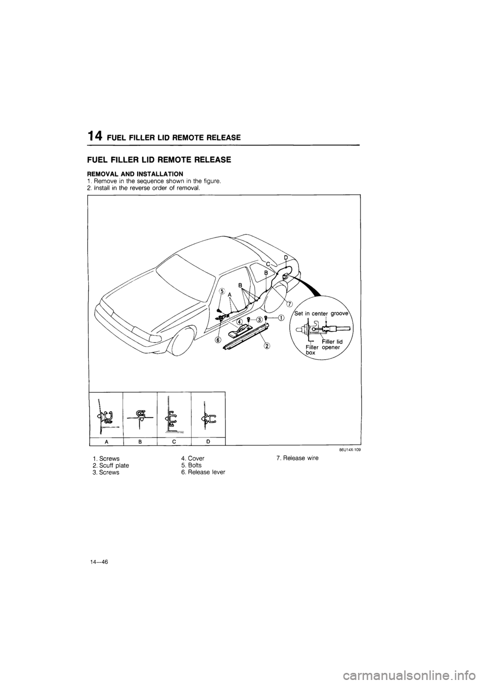 MAZDA 626 1987  Workshop Manual 
1 4 FUEL FILLER
 LID
 REMOTE RELEASE 
FUEL FILLER
 LID
 REMOTE RELEASE 
REMOVAL AND INSTALLATION 
1. Remove in the sequence shown in the figure. 
2. Install in the reverse order of removal. 
1. Screw