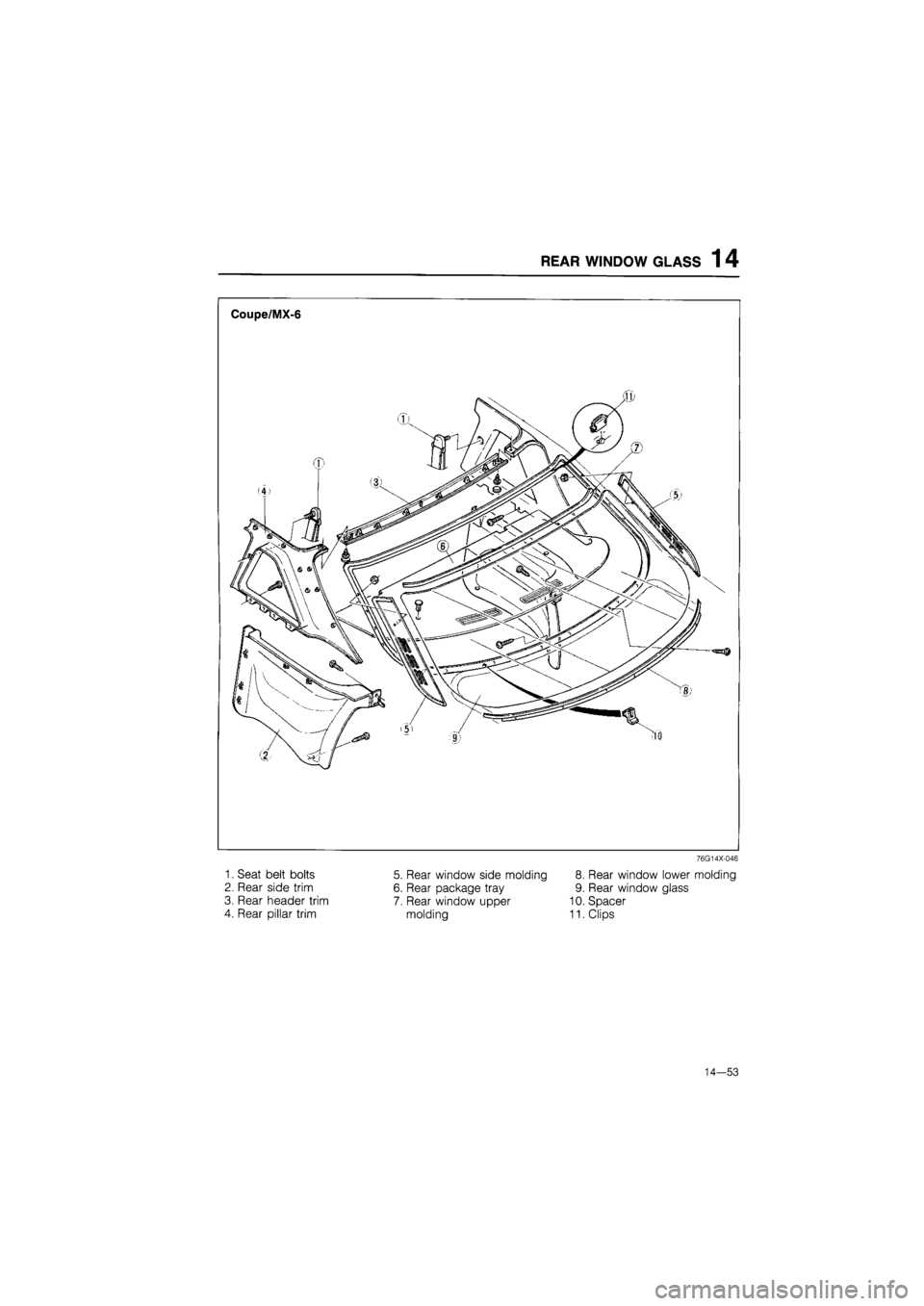 MAZDA 626 1987  Workshop Manual 
REAR WINDOW GLASS 1 4 
76G14X-046 
1. Seat belt bolts 
2. Rear side trim 
3. Rear header trim 
4. Rear pillar trim 
5. Rear window side molding 
6. Rear package tray 
7. Rear window upper 
molding 
8