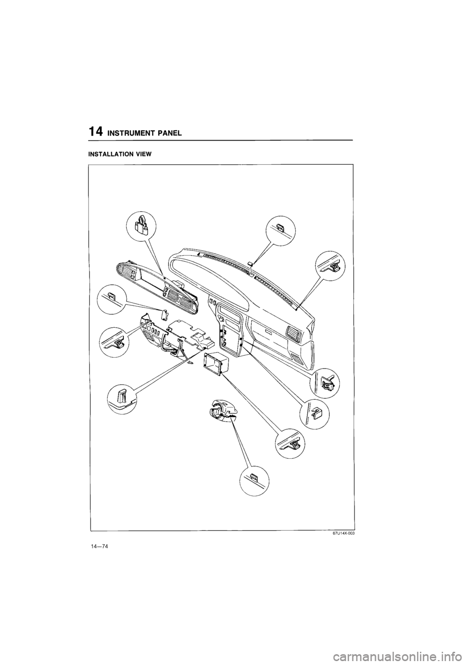 MAZDA 626 1987  Workshop Manual 
1 4 INSTRUMENT PANEL 
INSTALLATION VIEW 
67U14X-003 
14—74  