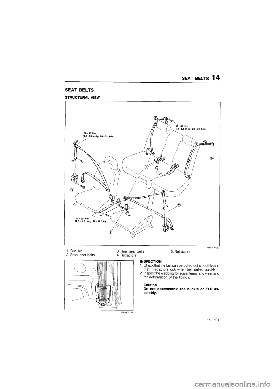 MAZDA 626 1987  Workshop Manual 
SEAT BELTS
 1
 4 
SEAT BELTS 
STRUCTURAL VIEW 
76G14X-032 
1. Buckles 3. Rear seat belts 5. Retractors 
2. Front seat belts 4. Retractors 
INSPECTION 
1. Check that the belt can be pulled out smoothl