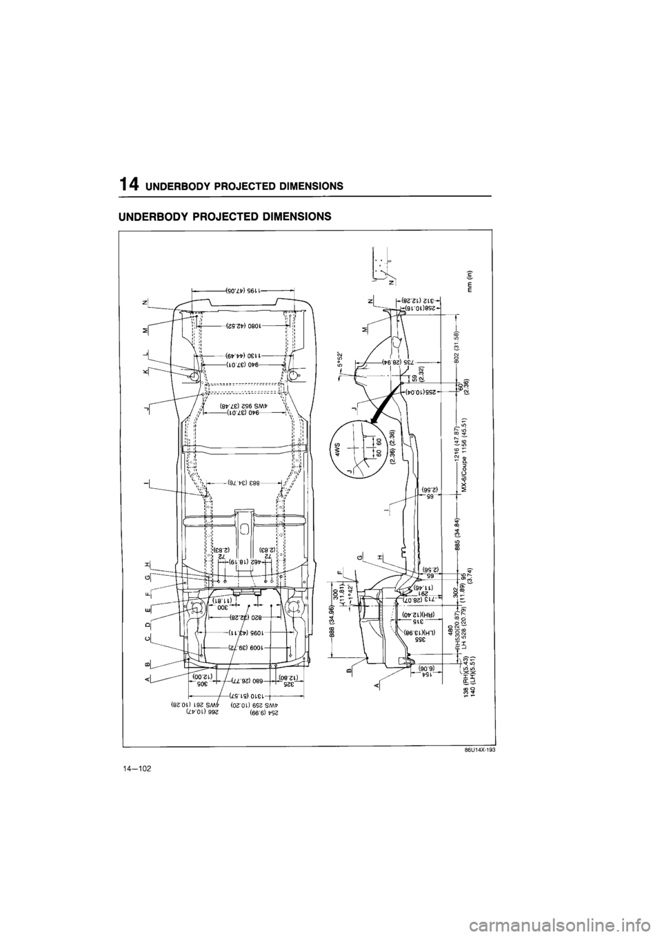 MAZDA 626 1987  Workshop Manual 
1 4 UNDERBODY PROJECTED DIMENSIONS 
UNDERBODY PROJECTED DIMENSIONS 
(830l) 19Z SM (lYOL) 993 
-<D 

_ LO 
CO
 ij-f-Tl- (O 
—
 in co ^ e>J n, 
(909) 
Tl" 00 -r Si in oo oo 
„ "fr m r>-.05 
FTr-
