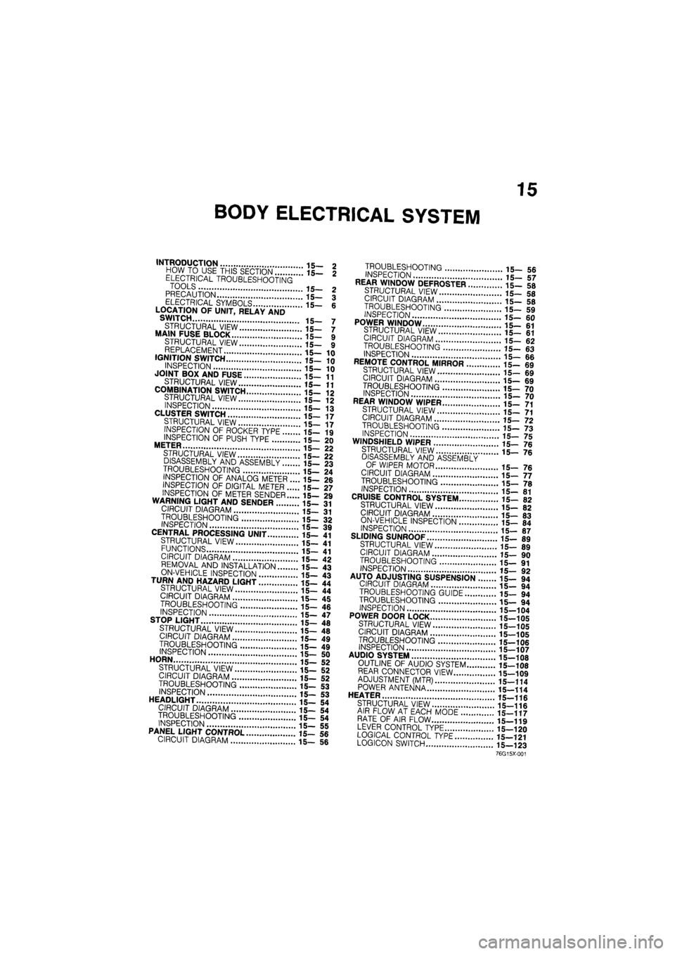 MAZDA 626 1987 Workshop Manual
15
BODY ELECTRICAL SYSTEM
INTRODUCTION 15- 2 HOW TO USE THIS SECTION 15— 2 ELECTRICAL TROUBLESHOOTING TOOLS 15- 2 PRECAUTION 15— 3 ELECTRICAL SYMBOLS 15- 6 LOCATION OF UNIT, RELAY AND SWITCH 15 MAZDA 626 1987 Workshop Manual
15
BODY ELECTRICAL SYSTEM
INTRODUCTION 15- 2 HOW TO USE THIS SECTION 15— 2 ELECTRICAL TROUBLESHOOTING TOOLS 15- 2 PRECAUTION 15— 3 ELECTRICAL SYMBOLS 15- 6 LOCATION OF UNIT, RELAY AND SWITCH 15