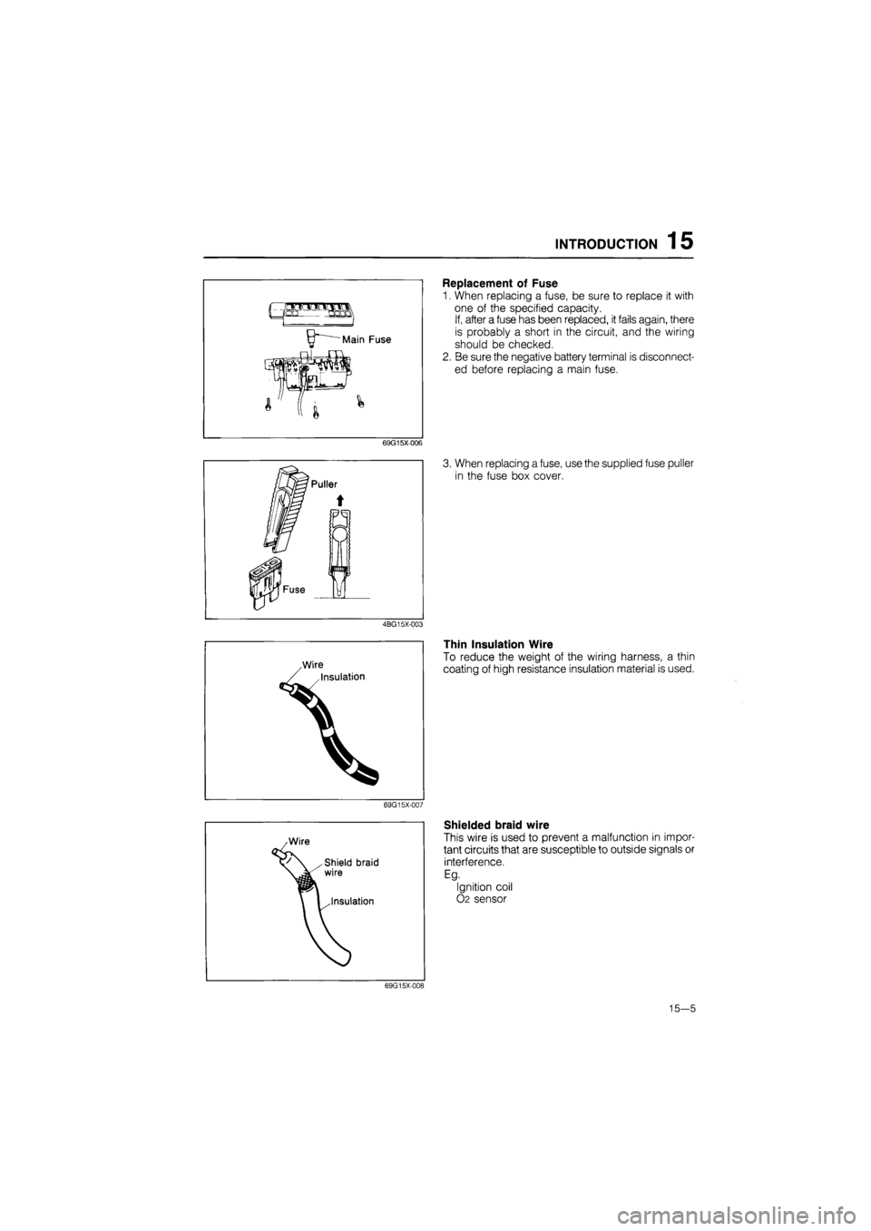 MAZDA 626 1987  Workshop Manual 
INTRODUCTION 15 
69G15X-006 
4BG15X-003 
69G15X-007 
/Wire 
Shield braid wire 
Insulation 
Replacement of Fuse 
1. When replacing a fuse, be sure to replace it with 
one of the specified capacity. 
I