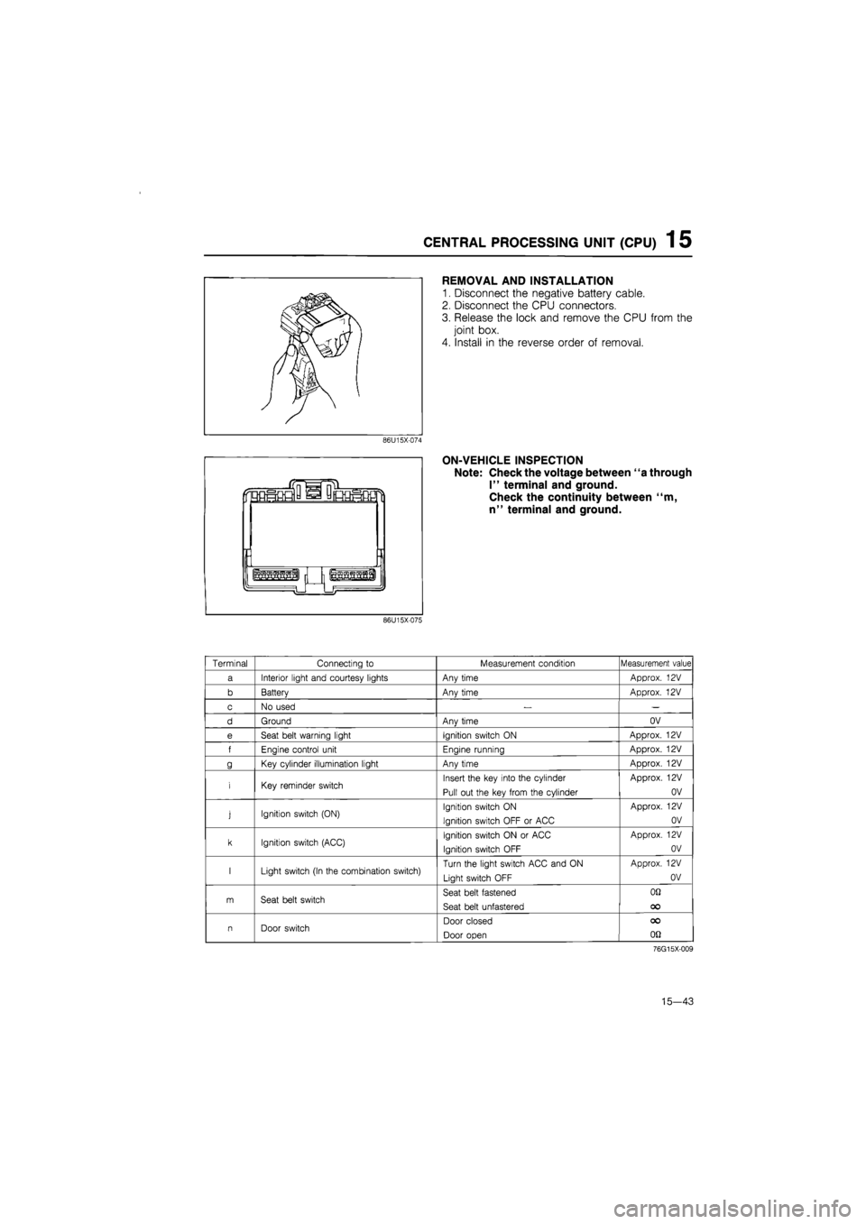 MAZDA 626 1987 Workshop Manual
CENTRAL PROCESSING UNIT (CPU) 1 5
REMOVAL AND INSTALLATION
1. Disconnect the negative battery cable.
2. Disconnect the CPU connectors.
3. Release the lock and remove the CPU from the
joint box. MAZDA 626 1987 Workshop Manual
CENTRAL PROCESSING UNIT (CPU) 1 5
REMOVAL AND INSTALLATION
1. Disconnect the negative battery cable.
2. Disconnect the CPU connectors.
3. Release the lock and remove the CPU from the
joint box.