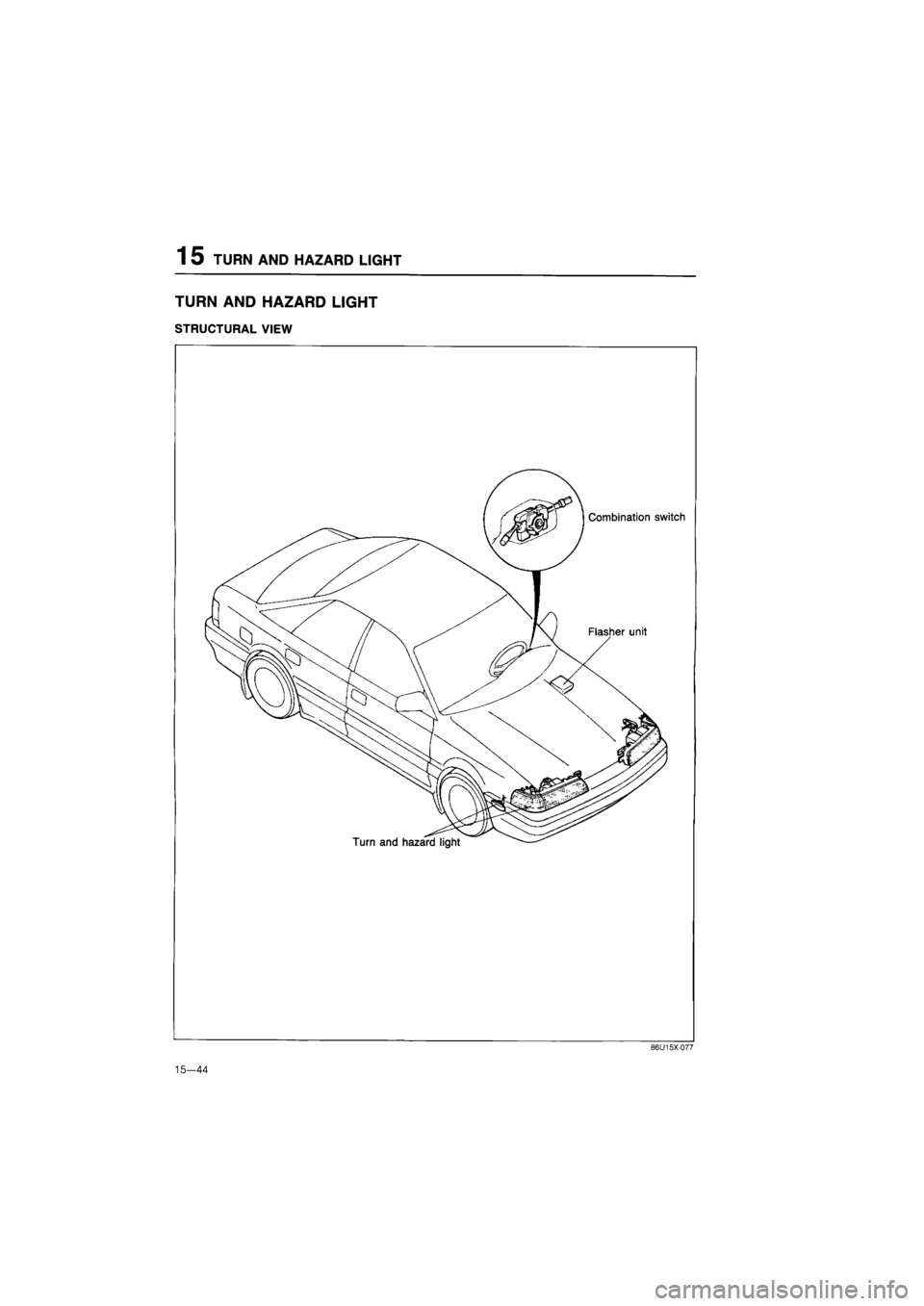 MAZDA 626 1987  Workshop Manual 
1 5 TURN AND HAZARD LIGHT 
TURN AND HAZARD LIGHT 
STRUCTURAL VIEW 
86U15X-077 
15—44  