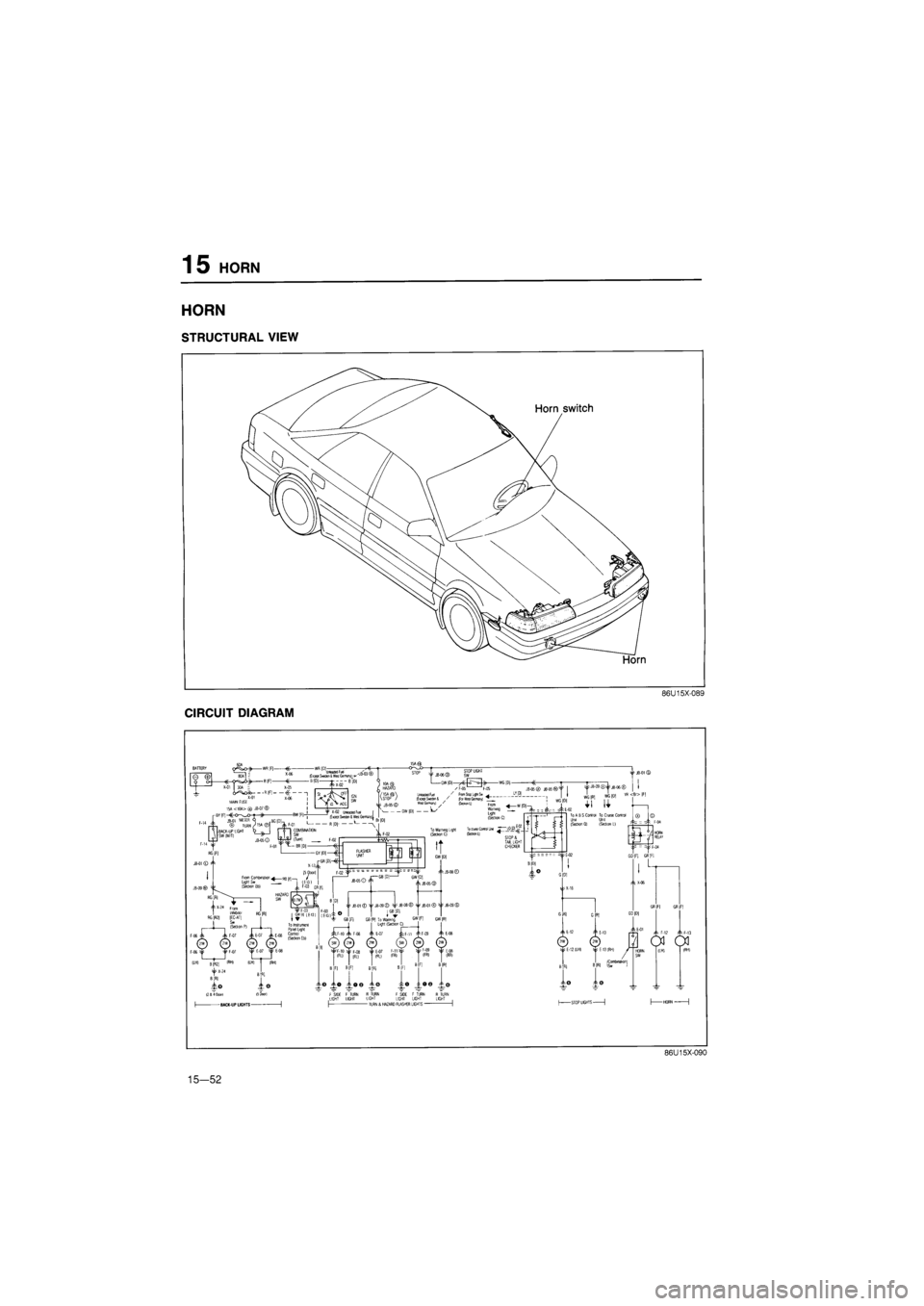 MAZDA 626 1987  Workshop Manual 
15 HORN 
HORN 
STRUCTURAL VIEW 
86U15X-089 
CIRCUIT DIAGRAM 
86U15X-090 
15—52  