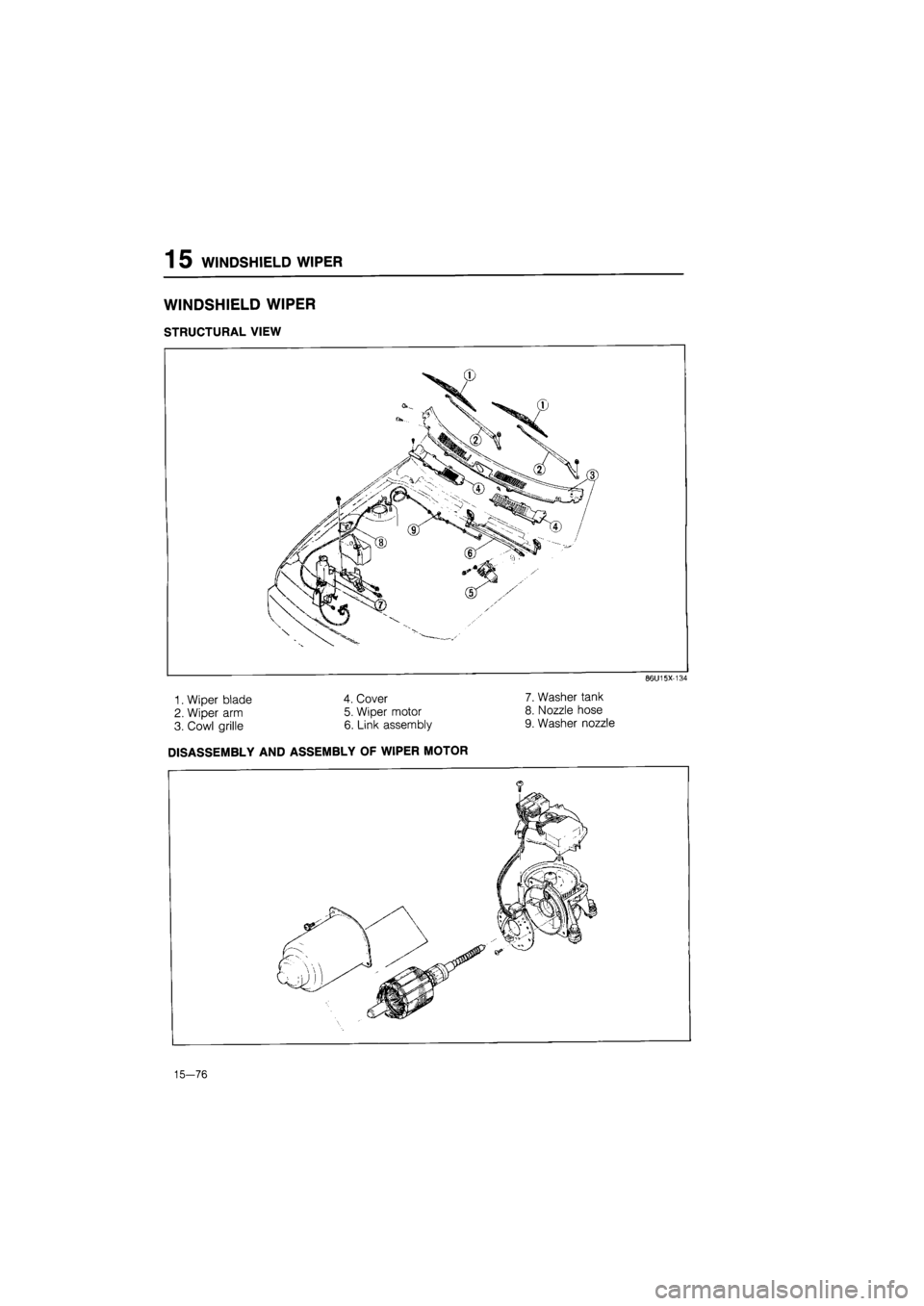 MAZDA 626 1987  Workshop Manual 
1 5 WINDSHIELD WIPER 
WINDSHIELD WIPER 
STRUCTURAL VIEW 
1. Wiper blade 
2. Wiper arm 
3. Cowl grille 
4. Cover 
5. Wiper motor 
6. Link assembly 
7. Washer tank 
8. Nozzle hose 
9. Washer nozzle 
86