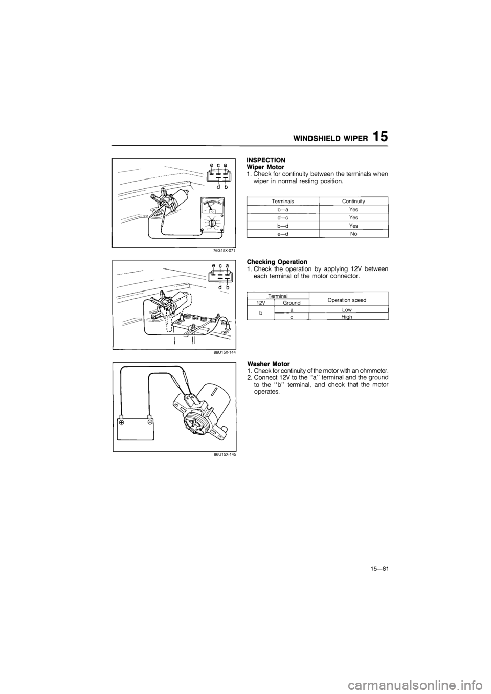 MAZDA 626 1987  Workshop Manual 
WINDSHIELD WIPER 1 5 
76G15X-071 
86U15X-144 
INSPECTION 
Wiper Motor 
1. Check for continuity between the terminals when 
wiper in normal resting position. 

Terminals Continuity 

b—a Yes 
d-c Ye
