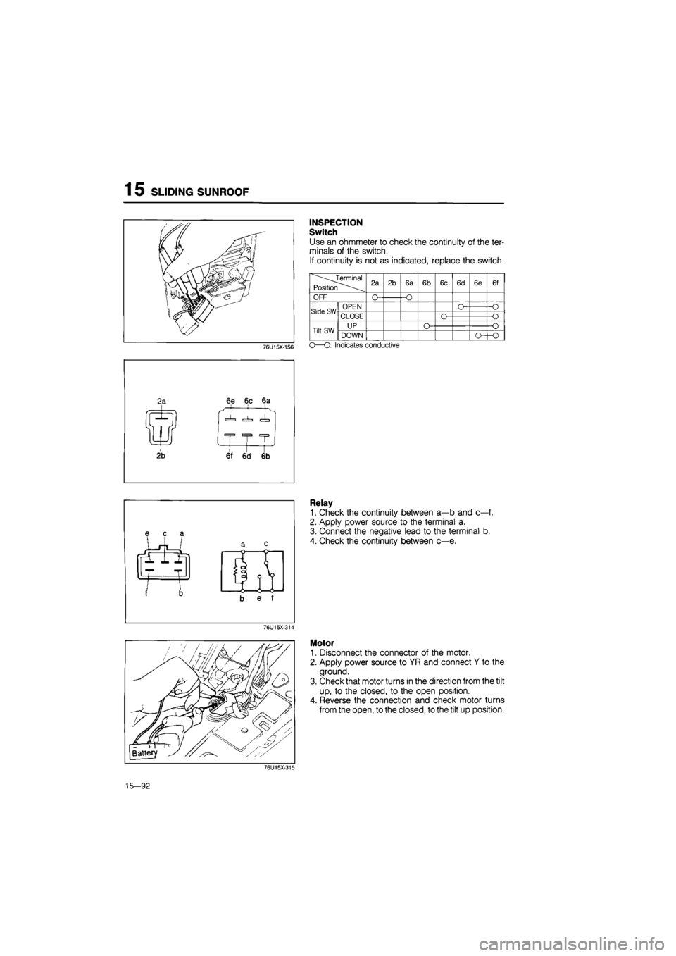 MAZDA 626 1987  Workshop Manual 
1 5 SLIDING SUNROOF 
INSPECTION 
Switch 
Use an ohmmeter to check the continuity of the ter-
minals of the switch. 
If continuity is not as indicated, replace the switch. 

Terminal 
Position 

OFF 
