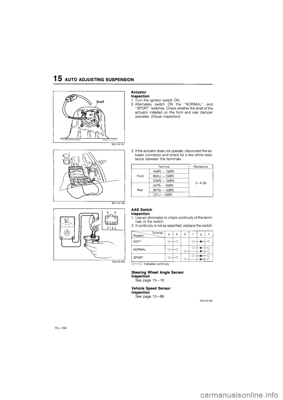 MAZDA 626 1987  Workshop Manual 
1 5 AUTO ADJUSTING SUSPENSION 
Actuator 
Inspection 
1. Turn the ignition switch ON. 
2. Alternately switch ON the "NORMAL" and 
"SPORT" switches. Check whether the shaft of the 
actuator installed o
