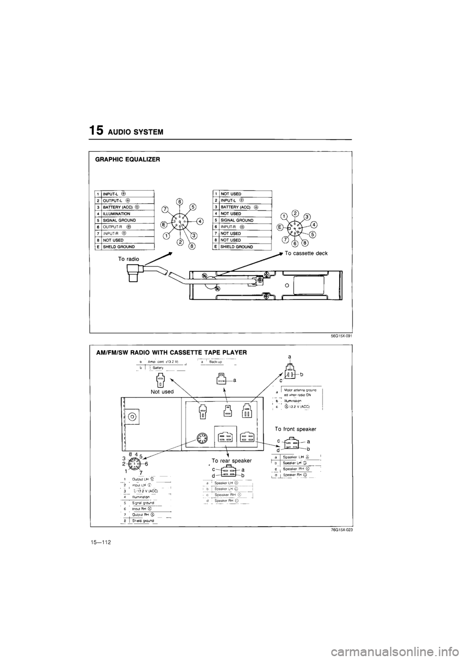 MAZDA 626 1987  Workshop Manual 
1 5 AUDIO SYSTEM 
GRAPHIC EQUALIZER 
1 INPUT-L © 
2 OUTPUT-L © 
3 BATTERY (ACC) © 
4 ILLUMINATION 
5 SIGNAL GROUND 
6 OUTPUT-R © 
7 INPUT-R © 
6 NOT USED 
E SHELD GROUND 
1 NOT USED 
2 INPUT-L 
