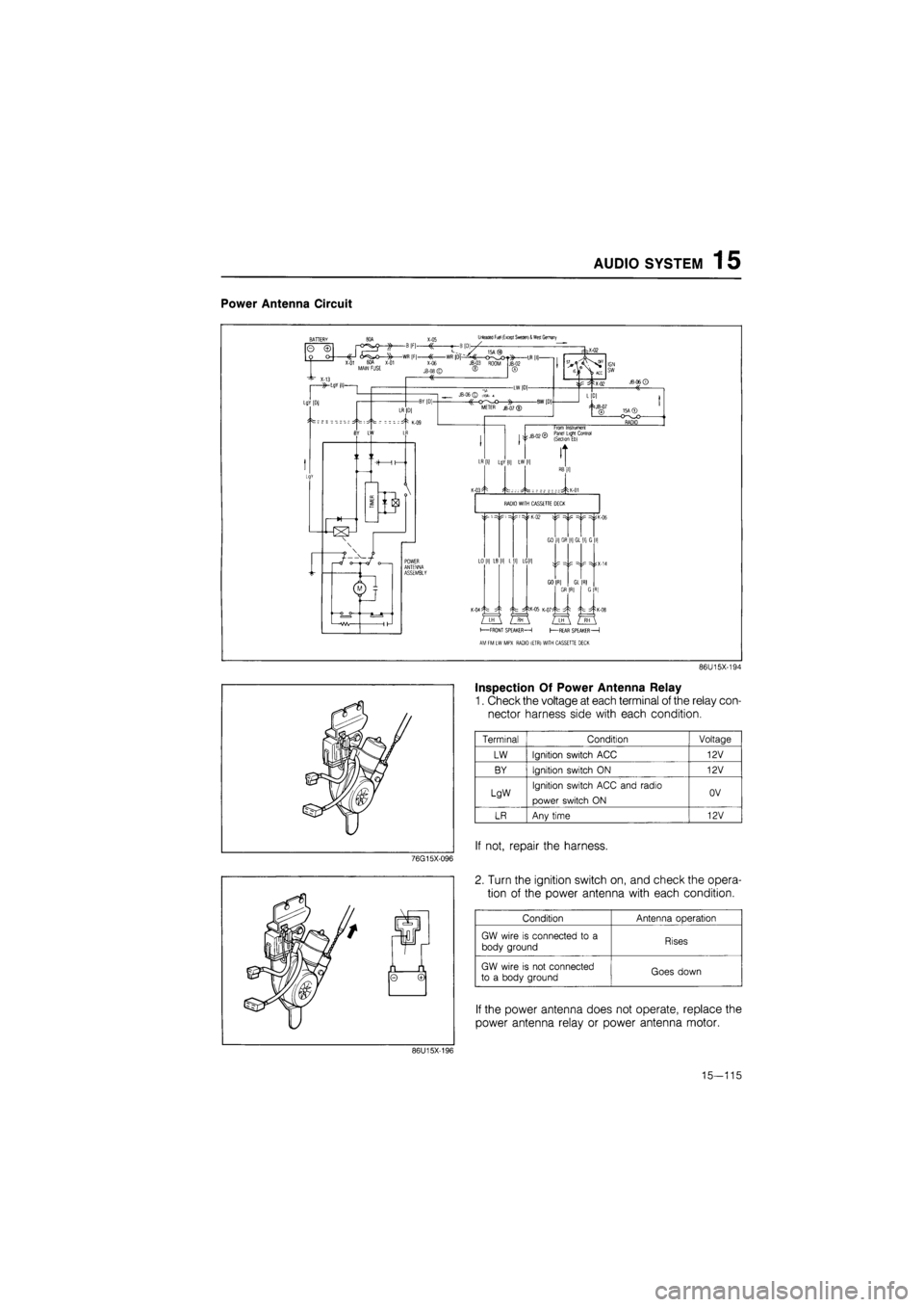 MAZDA 626 1987  Workshop Manual 
AUDIO SYSTEM 1 5 
Power Antenna Circuit 
86U15X-194 
inspection Of Power Antenna Relay 
1. Check the voltage at each terminal of the relay con-
nector harness side with each condition. 

Terminal Con