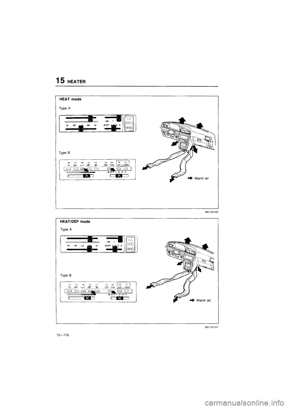 MAZDA 626 1987  Workshop Manual 
15 HEATER 
HEAT mode 
Type A 
In ECO i 
Type B 
[E 
C3 <=> C3 A.C - ECGN 
CO f—7WZZ3 CZ) CO CZ) * OFP^ i a 3 
i Ml" Warm air 
86U15X-200 
HEAT/DEF mode 
Type A 
i i; ii—innnnnni 
-V v-y 
^ ca °