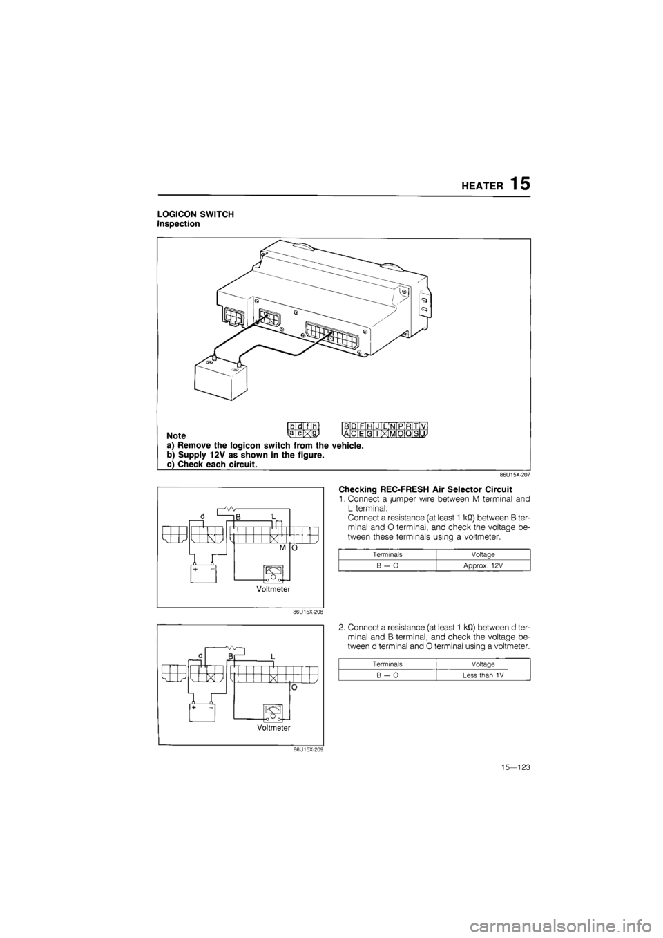 MAZDA 626 1987  Workshop Manual 
HEATER 15 
LOGICON SWITCH 
Inspection 
b d f h 
I? c V Note 
a) Remove the logicon switch from the vehicle. 
b) Supply 12V as shown in the figure. 
c) Check each circuit. 
B 
lA 
DiF H J LjN pIr T V 