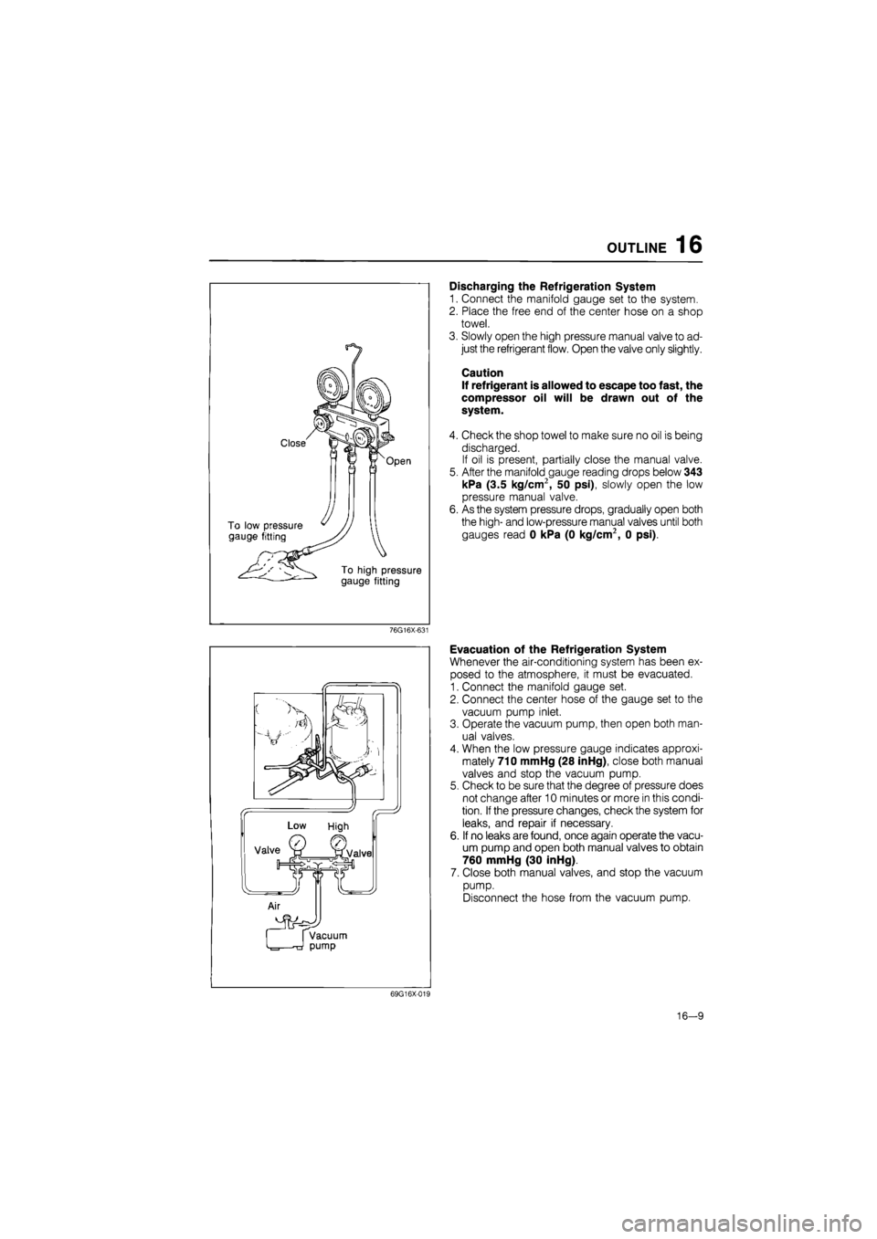 MAZDA 626 1987 Workshop Manual
OUTLINE 16
Discharging the Refrigeration System
1. Connect the manifold gauge set to the system.
2. Place the free end of the center hose on a shop
towel.
3. Slowly open the high pressure manual MAZDA 626 1987 Workshop Manual
OUTLINE 16
Discharging the Refrigeration System
1. Connect the manifold gauge set to the system.
2. Place the free end of the center hose on a shop
towel.
3. Slowly open the high pressure manual