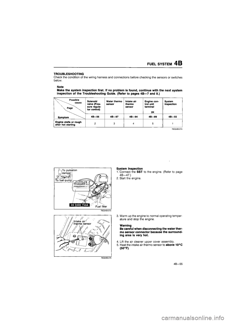 MAZDA 626 1987 Workshop Manual
FUEL SYSTEM 4B
TROUBLESHOOTING
Check the condition of the wiring harness and connections before checking the sensors or switches
below.
Note
Make the system inspection first. If no problem is fo MAZDA 626 1987 Workshop Manual
FUEL SYSTEM 4B
TROUBLESHOOTING
Check the condition of the wiring harness and connections before checking the sensors or switches
below.
Note
Make the system inspection first. If no problem is fo