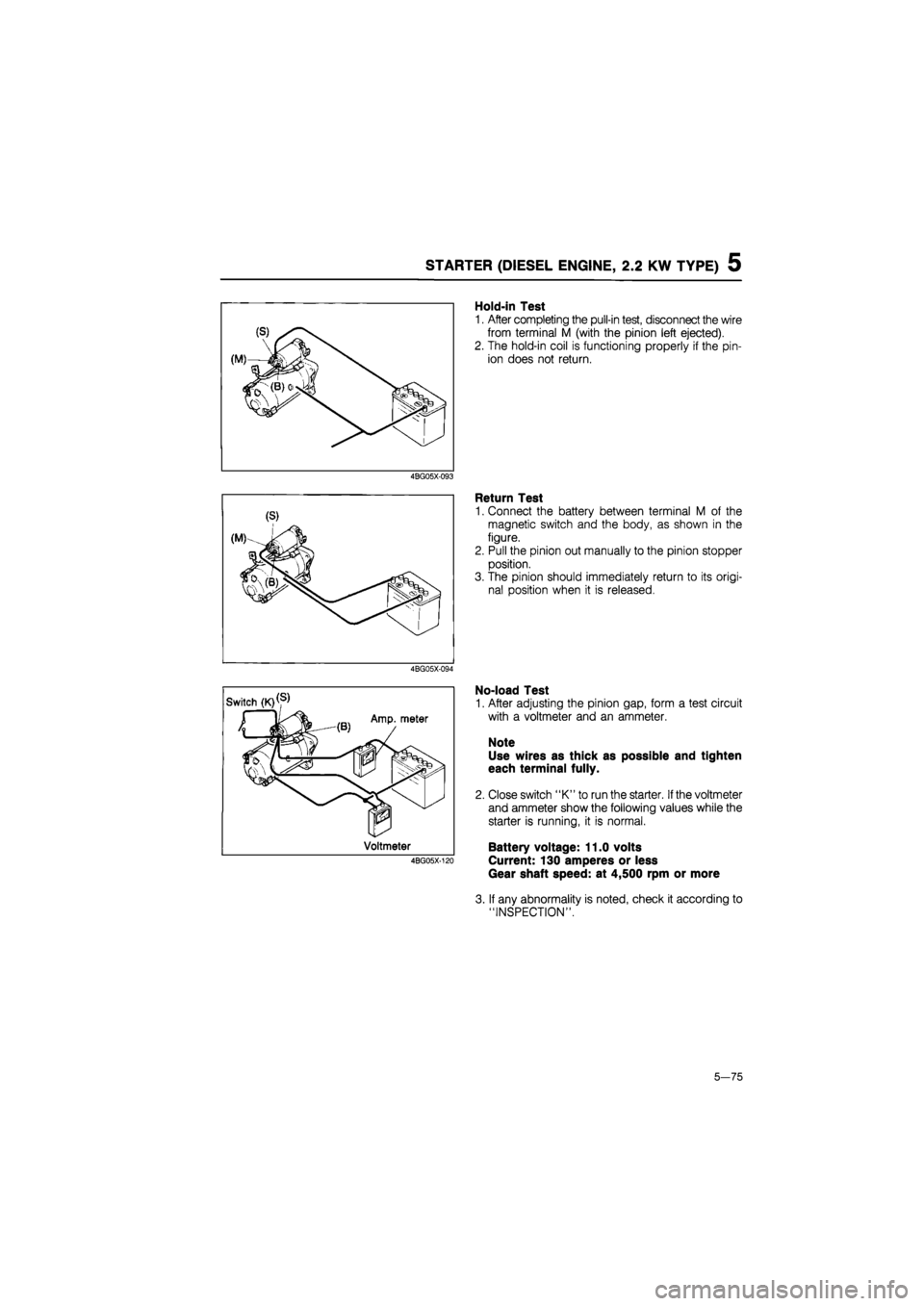MAZDA 626 1987 Workshop Manual
5 STARTER (DIESEL ENGINE, 2.0 KW TYPE)
Hold-in Test
1. After completing the pull-in test, disconnect the wire
from terminal M (with the pinion left ejected).
2. The hold-in coil is functioning pr MAZDA 626 1987 Workshop Manual
5 STARTER (DIESEL ENGINE, 2.0 KW TYPE)
Hold-in Test
1. After completing the pull-in test, disconnect the wire
from terminal M (with the pinion left ejected).
2. The hold-in coil is functioning pr