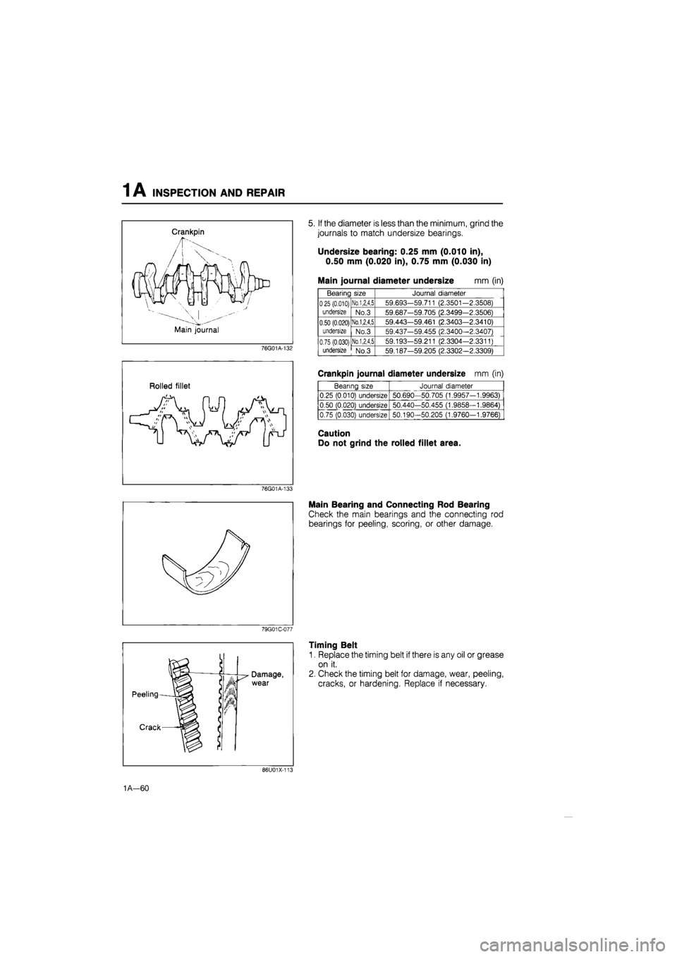 MAZDA 626 1987 Workshop Manual
INSPECTION AND REPAIR 1 A
Crankpin
,/f
Main journal
76G01A-132
5. If the diameter is less than the minimum, grind the
journals to match undersize bearings.
Undersize bearing: 0.25 mm (0.010 in MAZDA 626 1987 Workshop Manual
INSPECTION AND REPAIR 1 A
Crankpin
,/f
Main journal
76G01A-132
5. If the diameter is less than the minimum, grind the
journals to match undersize bearings.
Undersize bearing: 0.25 mm (0.010 in