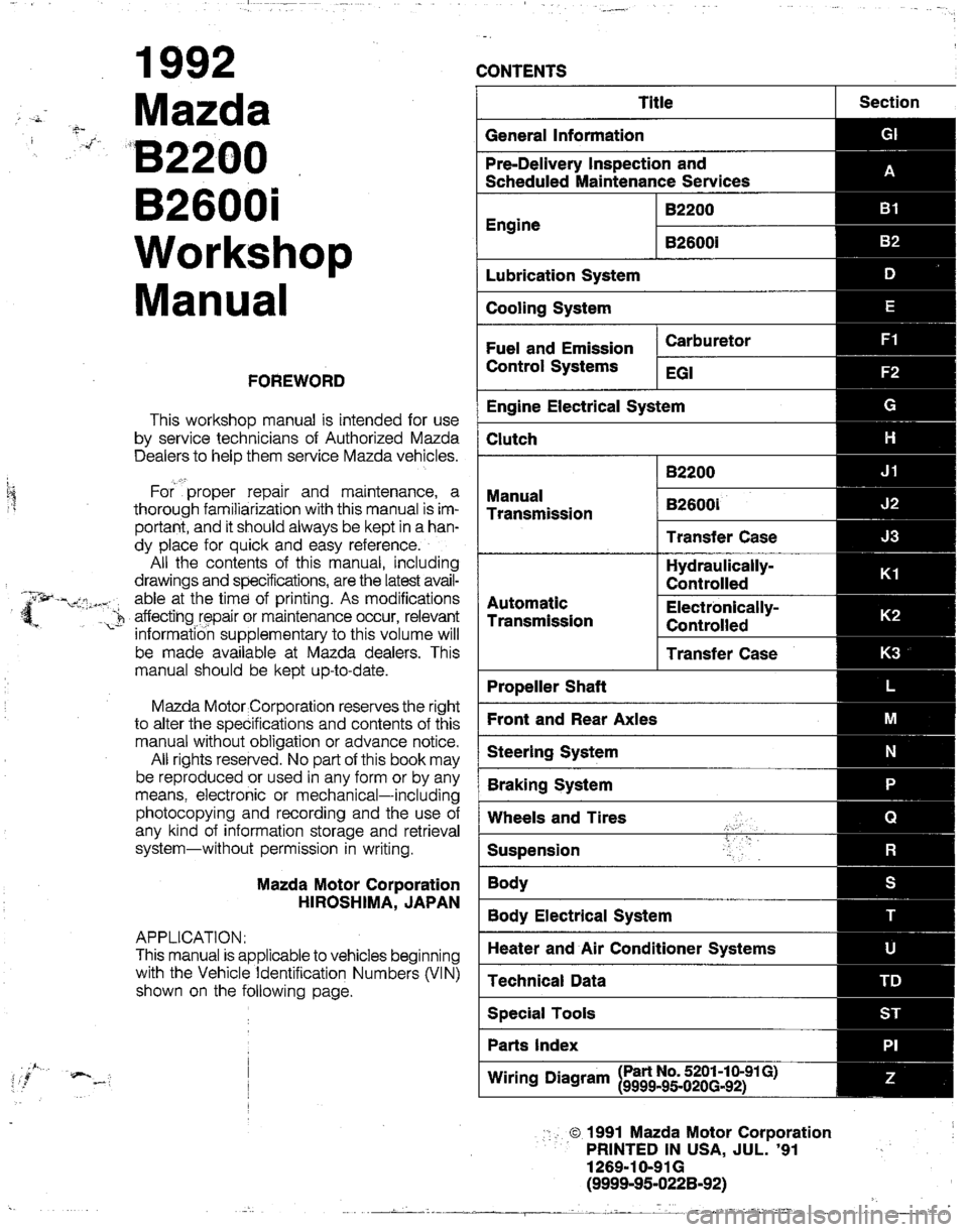 MAZDA B2600I 1992  Workshop Manual 