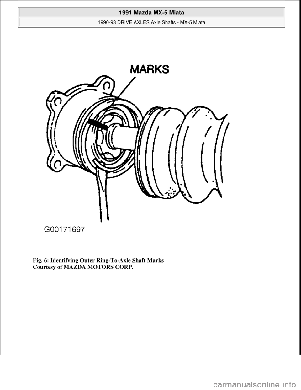 MAZDA MIATA 1991  Factory Service Manual Fig. 6: Identifying Outer Ring-To-Axle Shaft Marks 
Courtesy of MAZDA MOTORS CORP.
 
1991 Mazda MX-5 Miata 
1990-93 DRIVE AXLES Axle Shafts - MX-5 Miata  
Microsoft  
Sunday, July 05, 2009 2:16:33 PMP
