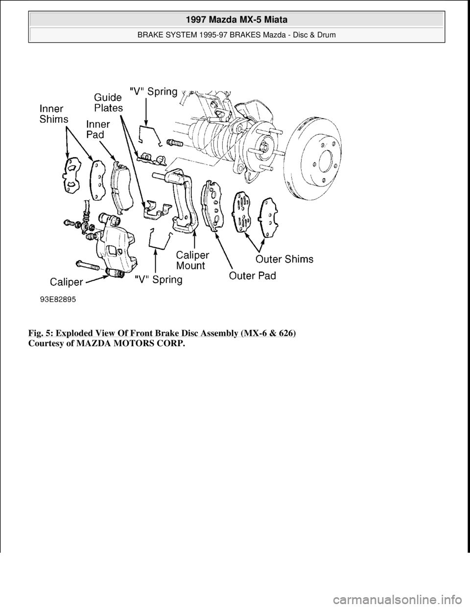 MAZDA MIATA 1997  Factory Repair Manual Fig. 5: Exploded View Of Front Brake Disc Assembly (MX-6 & 626) 
Courtesy of MAZDA MOTORS CORP. 
 
1997 Mazda MX-5 Miata 
BRAKE SYSTEM 1995-97 BRAKES Mazda - Disc & Drum  
Microsoft  
Sunday, July 05,