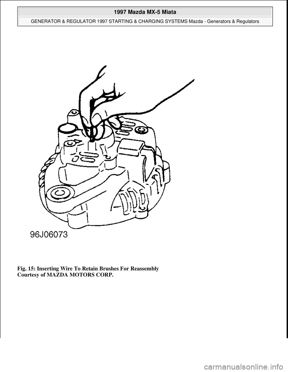 MAZDA MIATA 1997  Factory Repair Manual Fig. 15: Inserting Wire To Retain Brushes For Reassembly 
Courtesy of MAZDA MOTORS CORP. 
 
1997 Mazda MX-5 Miata 
GENERATOR & REGULATOR 1997 STARTING & CHARGING SYSTEMS Mazda - Generators & Regulator