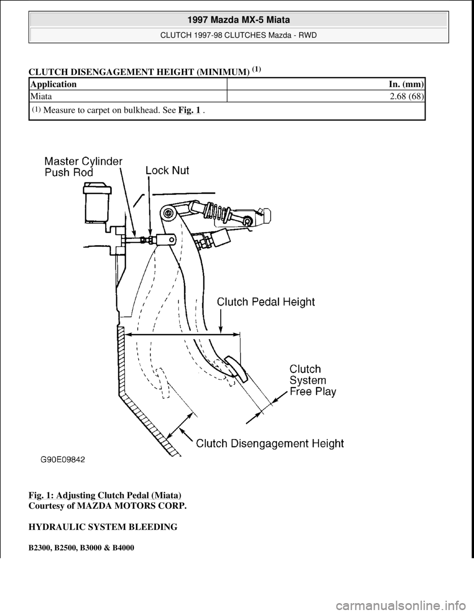 MAZDA MIATA 1997  Factory Repair Manual CLUTCH DISENGAGEMENT HEIGHT (MINIMUM) (1) 
Fig. 1: Adjusting Clutch Pedal (Miata)
 
Courtesy of MAZDA MOTORS CORP. 
HYDRAULIC SYSTEM BLEEDING 
B2300, B2500, B3000 & B4000 
ApplicationIn. (mm)
Miata2.6