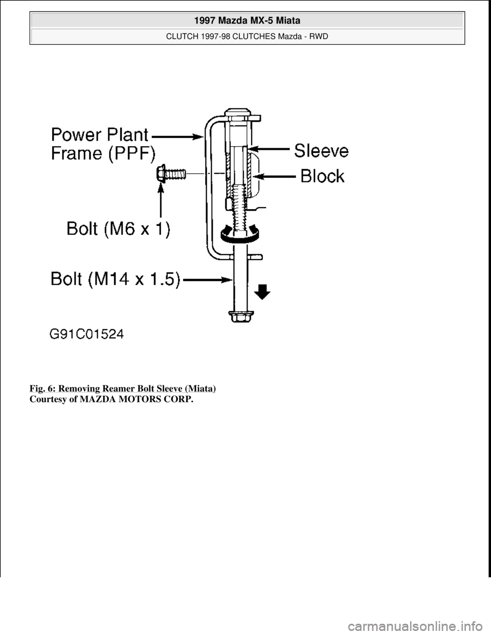 MAZDA MIATA 1997  Factory Repair Manual Fig. 6: Removing Reamer Bolt Sleeve (Miata) 
Courtesy of MAZDA MOTORS CORP. 
 
1997 Mazda MX-5 Miata 
CLUTCH 1997-98 CLUTCHES Mazda - RWD  
Microsoft  
Sunday, July 05, 2009 1:36:47 PMPage 8 © 2005 M