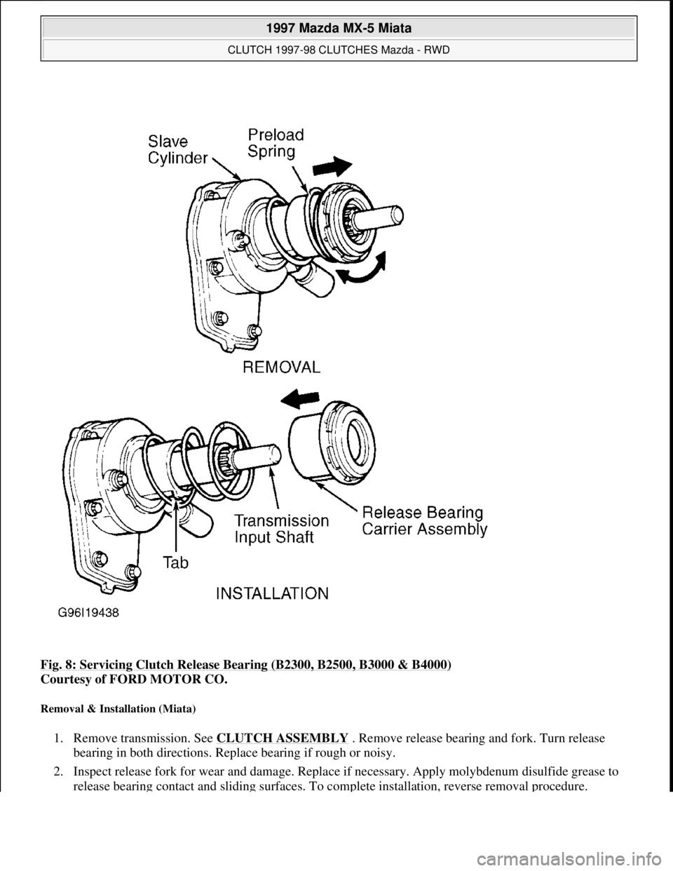 MAZDA MIATA 1997  Factory Repair Manual Fig. 8: Servicing Clutch Release Bearing (B2300, B2500, B3000 & B4000) 
Courtesy of FORD MOTOR CO. 
Removal & Installation (Miata) 
1. Remove transmission. See CLUTCH ASSEMBLY . Remove release bearing