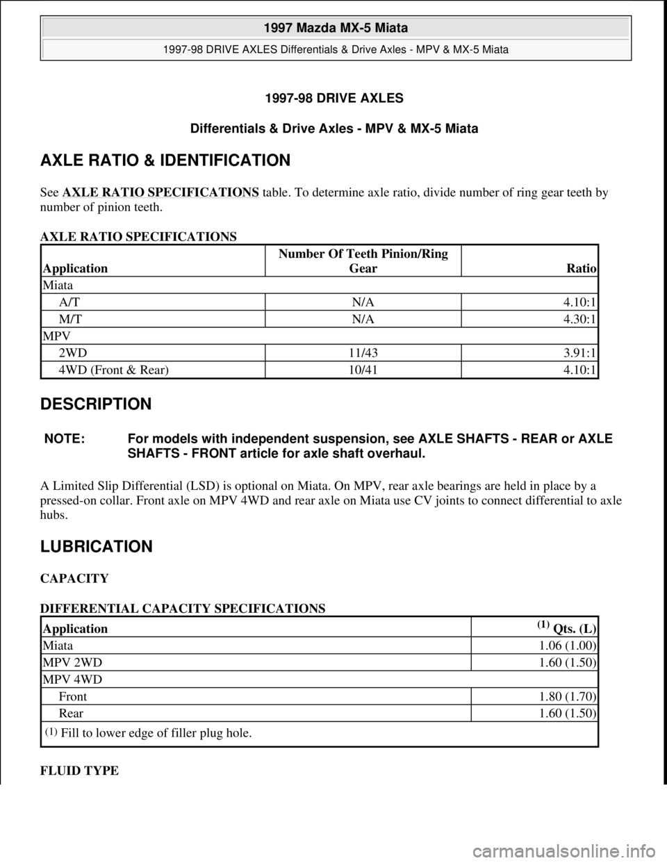 MAZDA MIATA 1997  Factory Repair Manual 1997-98 DRIVE AXLES
Differentials & Drive Axles - MPV & MX-5 Miata 
AXLE RATIO & IDENTIFICATION 
See AXLE RATIO SPECIFICATIONS table. To determine axle ratio, divide number of ring gear teeth by 
numb