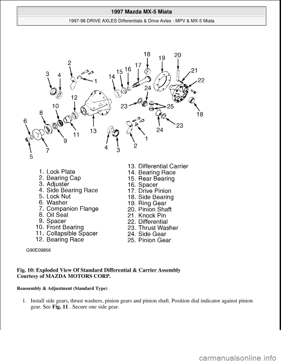 MAZDA MIATA 1997  Factory Repair Manual Fig. 10: Exploded View Of Standard Differential & Carrier Assembly 
Courtesy of MAZDA MOTORS CORP. 
Reassembly & Adjustment (Standard Type) 
1. Install side gears, thrust washers, pinion gears and pin