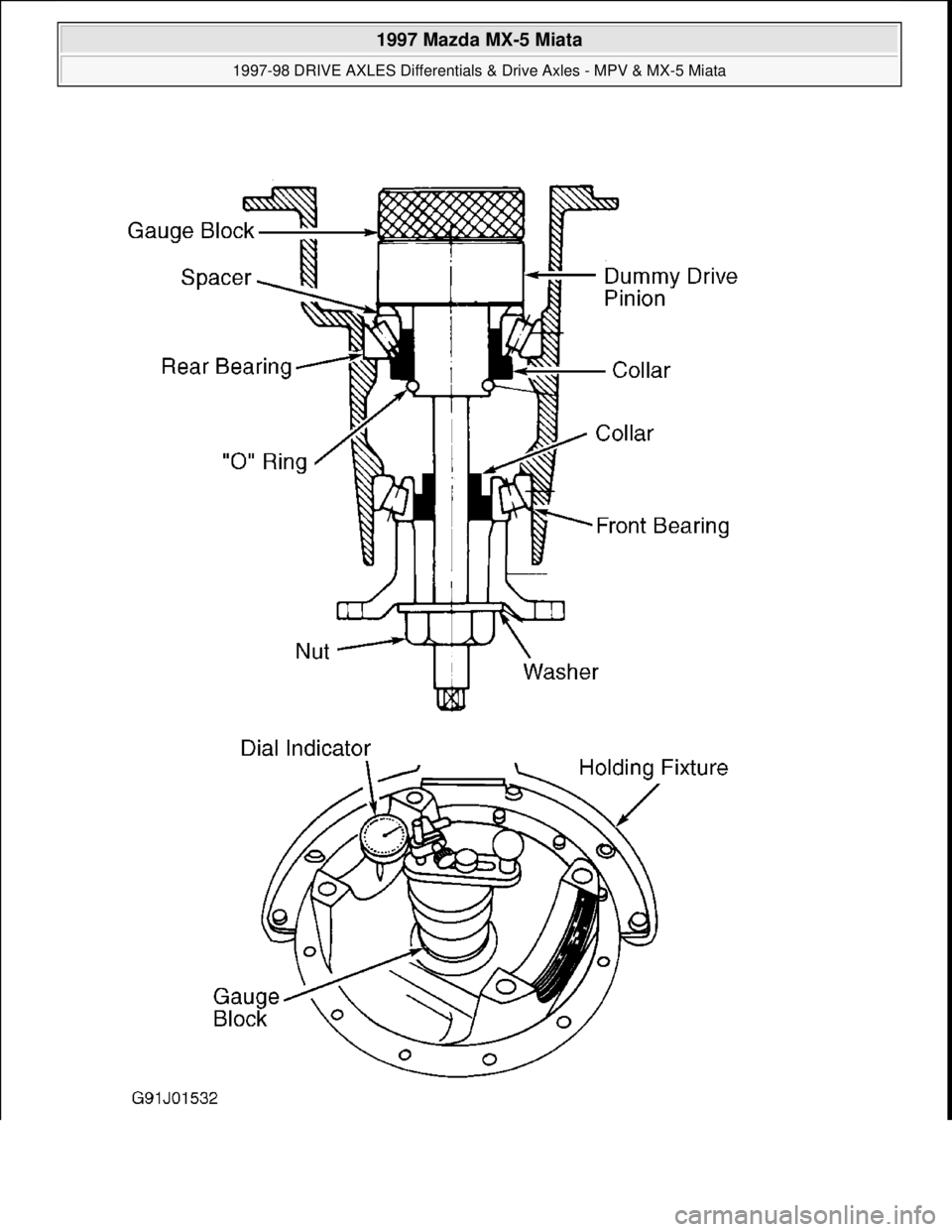 MAZDA MIATA 1997  Factory Repair Manual  
1997 Mazda MX-5 Miata 
1997-98 DRIVE AXLES Differentials & Drive Axles - MPV & MX-5 Miata  
Microsoft  
Sunday, July 05, 2009 1:52:42 PMPage 19 © 2005 Mitchell Repair Information Company, LLC.  