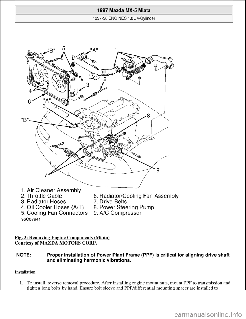 MAZDA MIATA 1997  Factory Repair Manual Fig. 3: Removing Engine Components (Miata) 
Courtesy of MAZDA MOTORS CORP. 
Installation 
1. To install, reverse removal procedure. After installing engine mount nuts, mount PPF to transmission and 
t