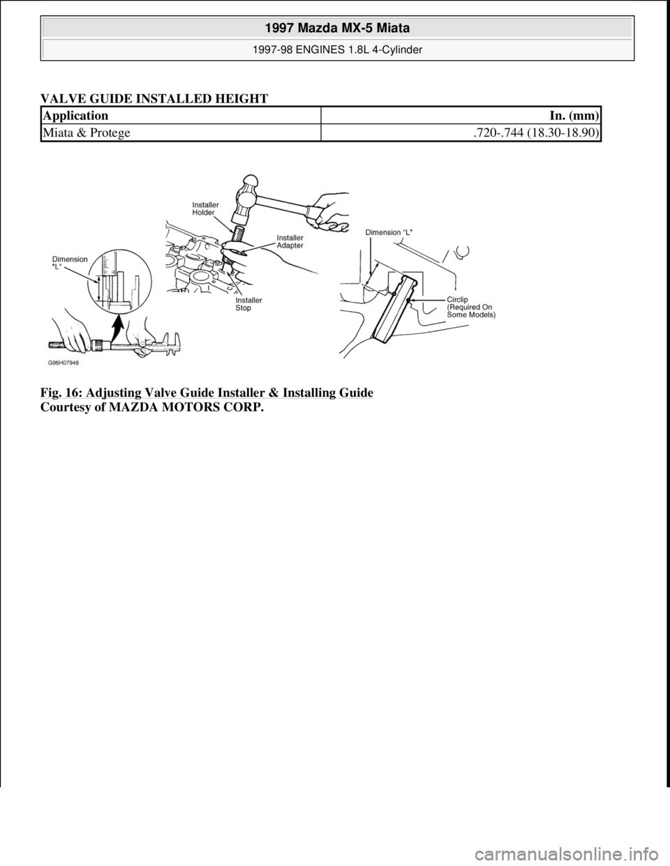 MAZDA MIATA 1997  Factory Repair Manual VALVE GUIDE INSTALLED HEIGHT 
Fig. 16: Adjusting Valve Guide Installer & Installing Guide
 
Courtesy of MAZDA MOTORS CORP. 
ApplicationIn. (mm)
Miata & Protege.720-.744 (18.30-18.90)
 
1997 Mazda MX-5