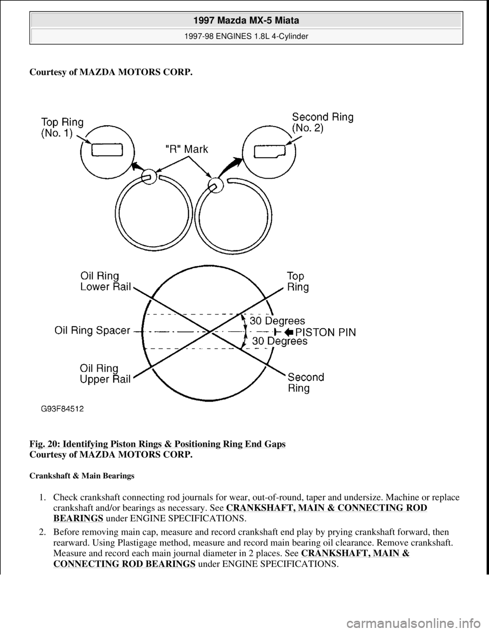 MAZDA MIATA 1997  Factory Repair Manual Courtesy of MAZDA MOTORS CORP. 
Fig. 20: Identifying Piston Rings & Positioning Ring End Gaps
 
Courtesy of MAZDA MOTORS CORP. 
Crankshaft & Main Bearings 
1. Check crankshaft connecting rod journals 
