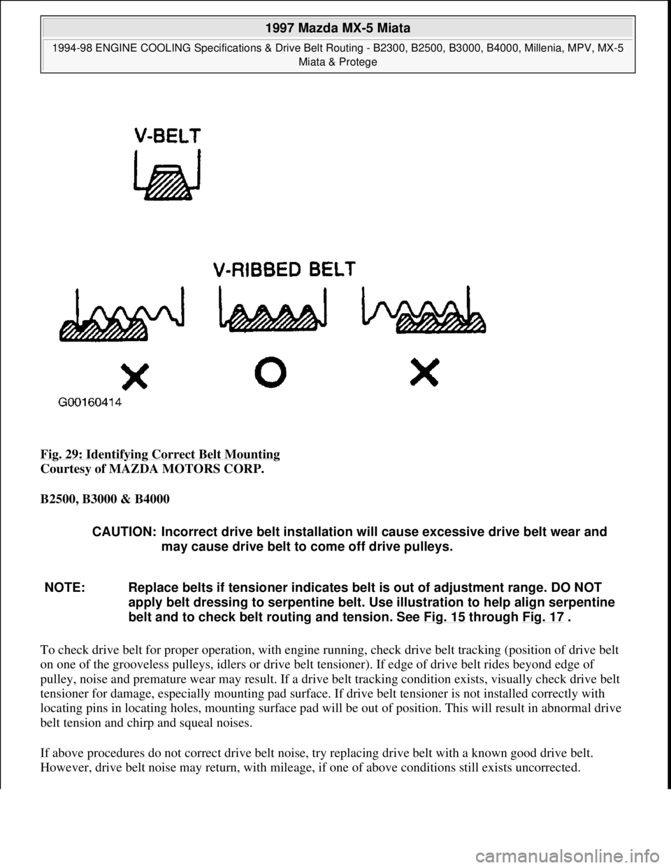 MAZDA MIATA 1997  Factory Repair Manual Fig. 29: Identifying Correct Belt Mounting 
Courtesy of MAZDA MOTORS CORP. 
B2500, B3000 & B4000 
To check drive belt for proper operation, with engine running, check drive belt tracking (position of 