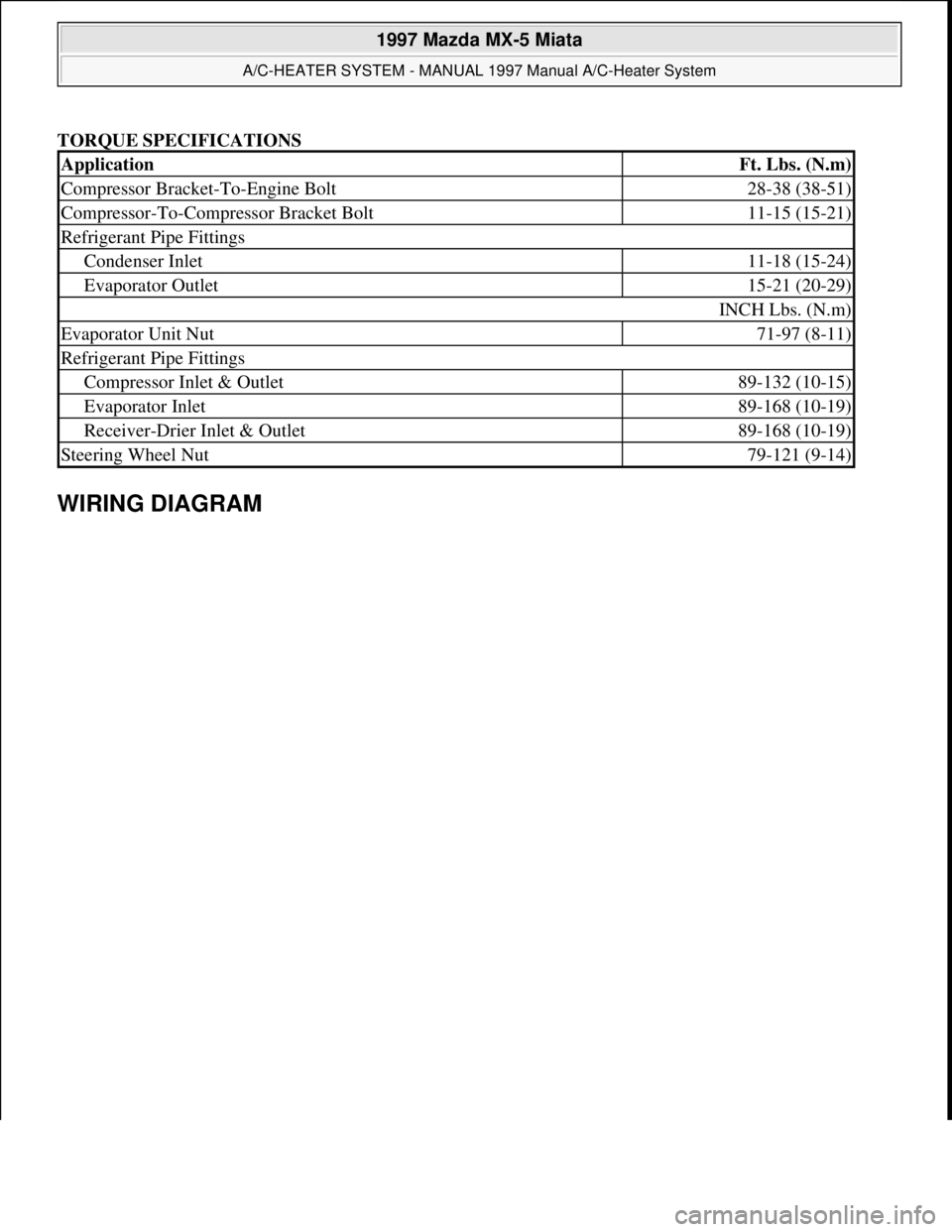 MAZDA MIATA 1997  Factory Repair Manual TORQUE SPECIFICATIONS 
WIRING DIAGRAM 
ApplicationFt. Lbs. (N.m)
Compressor Bracket-To-Engine Bolt28-38 (38-51)
Compressor-To-Compressor Bracket Bolt11-15 (15-21)
Refrigerant Pipe Fittings
Condenser I