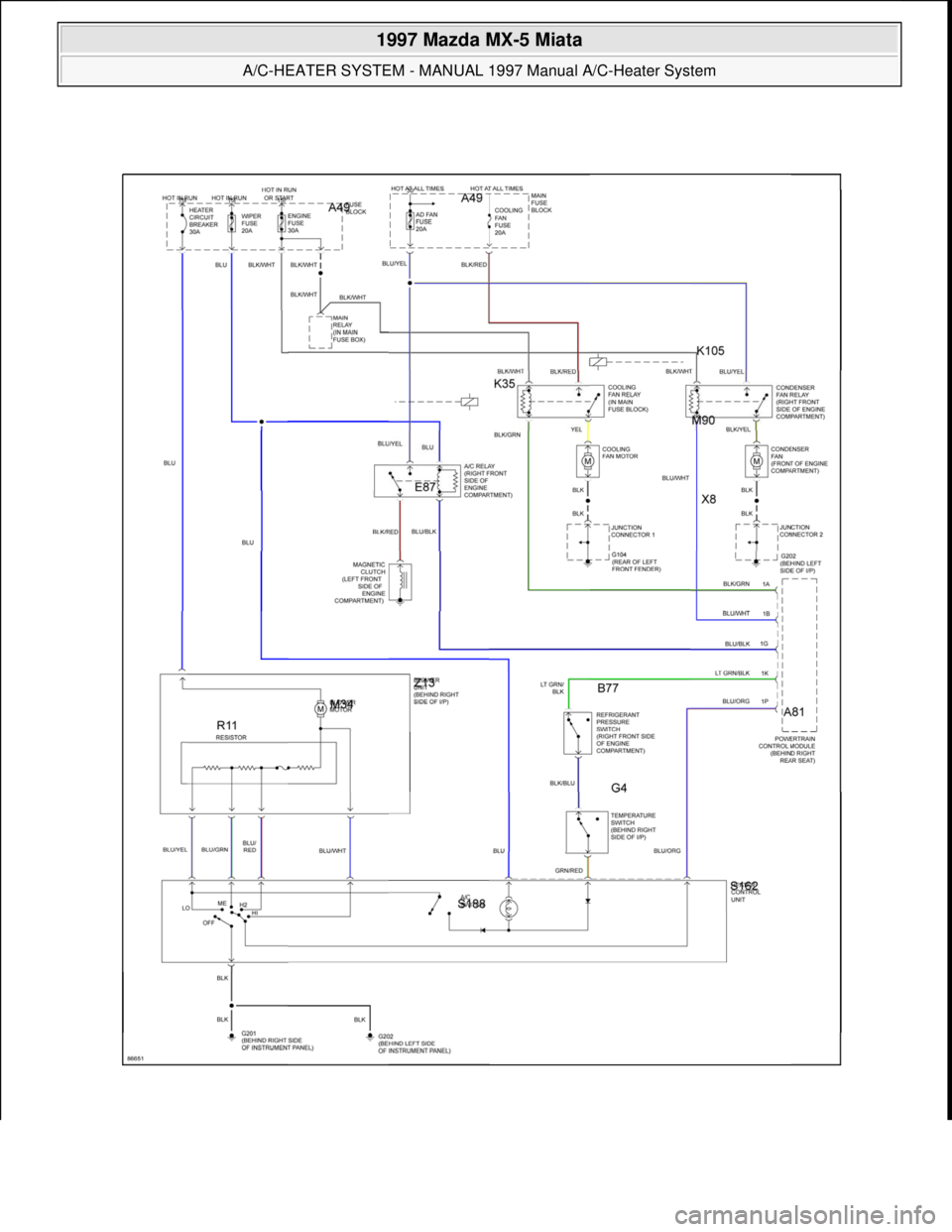 MAZDA MIATA 1997  Factory Repair Manual  
1997 Mazda MX-5 Miata 
A/C-HEATER SYSTEM - MANUAL 1997 Manual A/C-Heater System  
Microsoft  
Sunday, July 05, 2009 1:41:48 PMPage 10 © 2005 Mitchell Repair Information Company, LLC.  