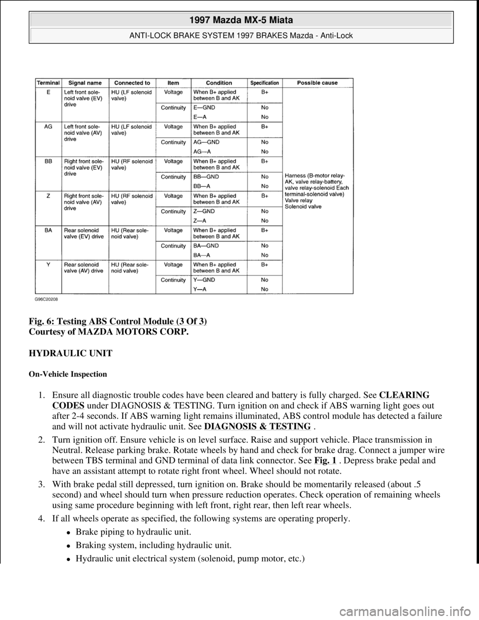 MAZDA MIATA 1997 Factory Repair Manual Fig. 6: Testing ABS Control Module (3 Of 3)
Courtesy of MAZDA MOTORS CORP.
HYDRAULIC UNIT
On-Vehicle Inspection
1. Ensure all diagnostic trouble codes have been cleared and battery is fully charge MAZDA MIATA 1997 Factory Repair Manual Fig. 6: Testing ABS Control Module (3 Of 3)
Courtesy of MAZDA MOTORS CORP.
HYDRAULIC UNIT
On-Vehicle Inspection
1. Ensure all diagnostic trouble codes have been cleared and battery is fully charge