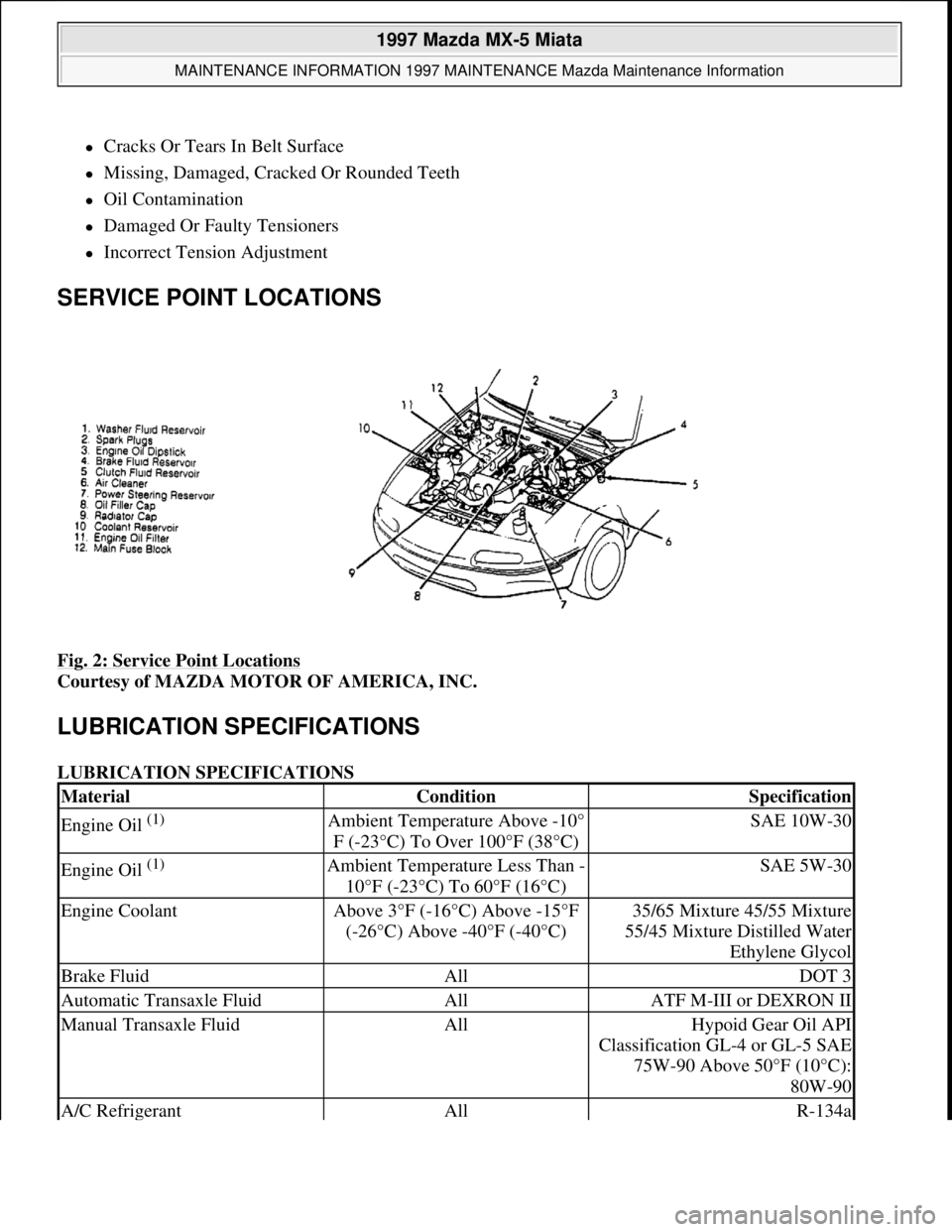 MAZDA MIATA 1997  Factory Repair Manual Cracks Or Tears In Belt Surface  
Missing, Damaged, Cracked Or Rounded Teeth  
Oil Contamination  
Damaged Or Faulty Tensioners  
Incorrect Tension Adjustment  
SERVICE POINT LOCATIONS 