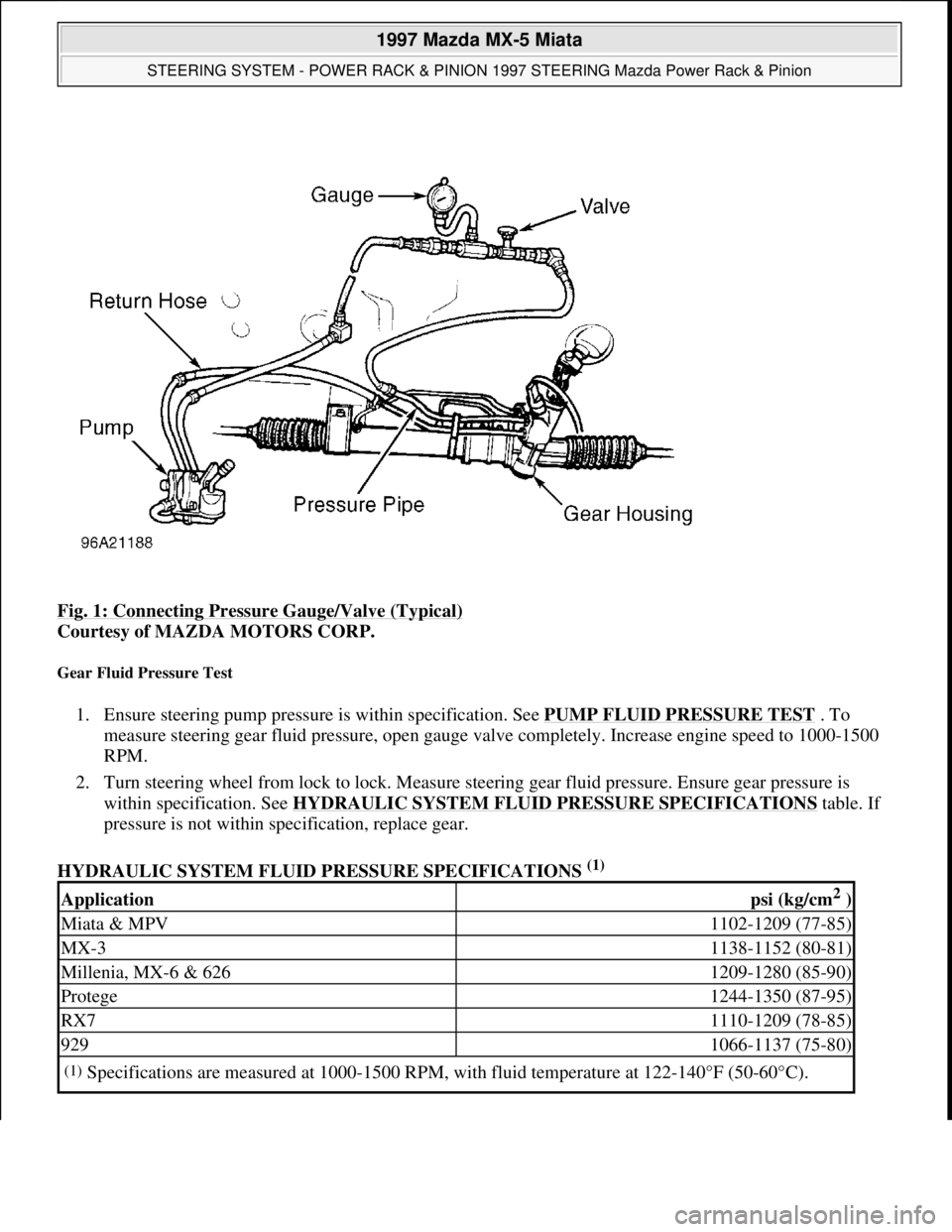 MAZDA MIATA 1997  Factory Repair Manual Fig. 1: Connecting Pressure Gauge/Valve (Typical) 
Courtesy of MAZDA MOTORS CORP. 
Gear Fluid Pressure Test 
1. Ensure steering pump pressure is within specification. See PUMP FLUID PRESSURE TEST . To