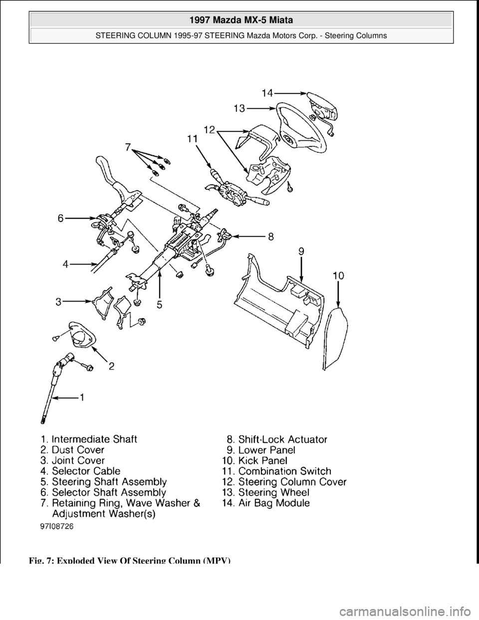 MAZDA MIATA 1997  Factory Repair Manual Fig. 7: Exploded View Of Steering Column (MPV)
 
1997 Mazda MX-5 Miata 
STEERING COLUMN 1995-97 STEERING Mazda Motors Corp. - Steering Columns  
Microsoft  
Sunday, July 05, 2009 1:40:02 PMPage 11 © 