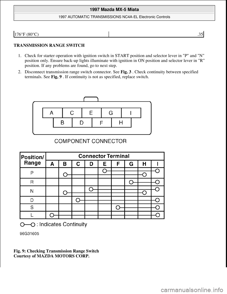MAZDA MIATA 1997  Factory Repair Manual TRANSMISSION RANGE SWITCH 
1. Check for starter operation with ignition switch in START position and selector lever in "P" and "N" 
position only. Ensure back-up lights illuminate with ignition in ON 