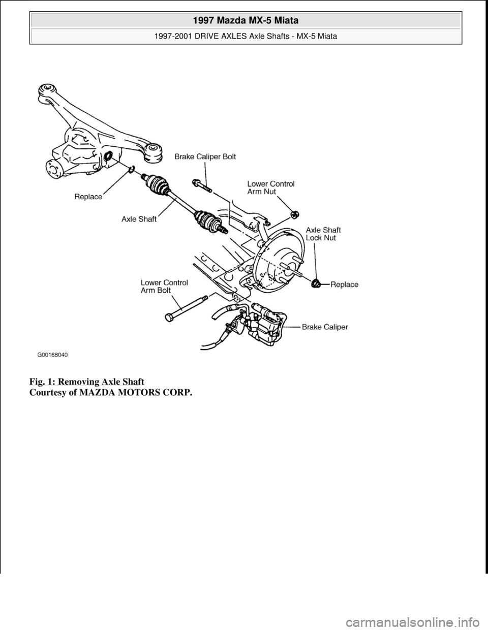 MAZDA MIATA 1997  Factory Repair Manual Fig. 1: Removing Axle Shaft 
Courtesy of MAZDA MOTORS CORP. 
 
1997 Mazda MX-5 Miata 
1997-2001 DRIVE AXLES Axle Shafts - MX-5 Miata  
Microsoft  
Sunday, July 05, 2009 1:51:37 PMPage 2 © 2005 Mitche