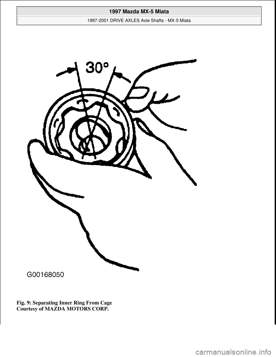 MAZDA MIATA 1997  Factory Repair Manual Fig. 9: Separating Inner Ring From Cage 
Courtesy of MAZDA MOTORS CORP. 
 
1997 Mazda MX-5 Miata 
1997-2001 DRIVE AXLES Axle Shafts - MX-5 Miata  
Microsoft  
Sunday, July 05, 2009 1:51:37 PMPage 10 