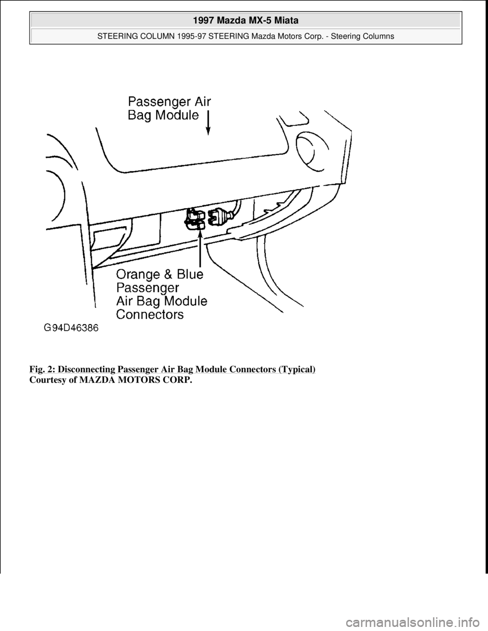 MAZDA MX-5 1997  Factory Repair Manual Fig. 2: Disconnecting Passenger Air Bag Module Connectors (Typical) 
Courtesy of MAZDA MOTORS CORP. 
 
1997 Mazda MX-5 Miata 
STEERING COLUMN 1995-97 STEERING Mazda Motors Corp. - Steering Columns  
M