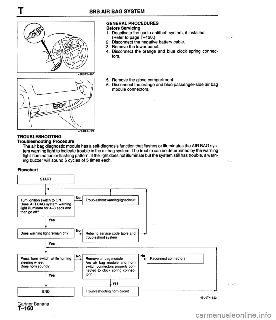 MAZDA MX-5 1994 Workshop Manual T SRS AIR BAG SYSTEM GENERALPROCEDURES Before Servicing 1. Deactivate the audio antitheft system, if installed. (Refer to page T-120.) 2. Disconnect the negative battery cable. 3. Remove the lower pan MAZDA MX-5 1994 Workshop Manual T SRS AIR BAG SYSTEM GENERALPROCEDURES Before Servicing 1. Deactivate the audio antitheft system, if installed. (Refer to page T-120.) 2. Disconnect the negative battery cable. 3. Remove the lower pan
