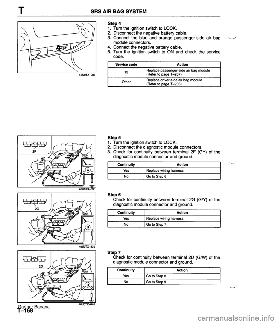 MAZDA MX-5 1994 Workshop Manual T SRS AIR BAG SYSTEM Step 4 1. Turn the ignition switch to LOCK. 2. Disconnect the negative battery cable. 3. Connect the blue and orange passenger-side air bag d module connectors. 4. Connect the neg MAZDA MX-5 1994 Workshop Manual T SRS AIR BAG SYSTEM Step 4 1. Turn the ignition switch to LOCK. 2. Disconnect the negative battery cable. 3. Connect the blue and orange passenger-side air bag d module connectors. 4. Connect the neg