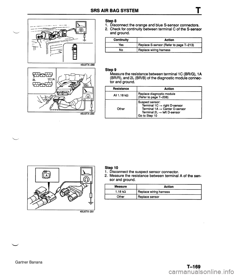MAZDA MX-5 1994  Workshop Manual SRS AIR BAG SYSTEM Step 8 1. Disconnect the orange and blue S-sensor connectors. 2. Check for continuity between terminal C of the S-sensor and ground. Continuity Action 1 Yes No Step 10 1. Disconnect